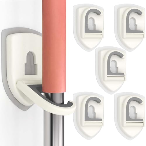 Broom Holder Wall Mount Self Adhesive, Broom and Mop Organizer Wall Hanging, No Drilling Anti-Slip Broom Hook Over Door for Home, Kitchen, Garden, Garage Storage 5-Pack - color: Pearl White, size: 5 Pieces