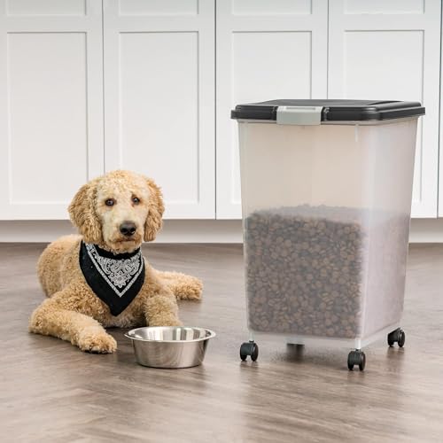 IRIS USA Airtight Dog Food Storage Container, Up to 54 lbs, Attachable Wheels, For Dog Cat Bird and Other Pet Food Storage Bin, Keep Fresh, Translucent Body, Easy Mobility, Black - color: Black, size: 54 lbs