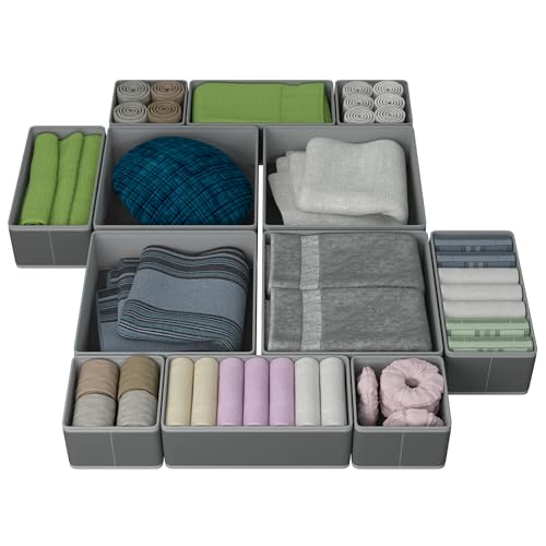 Drawer Organizer – 12 Pack Foldable Gray Fabric Storage Bins for Baby Clothes, Closet, Dresser, Nursery, Underwear, Diapers, Socks | Soft Drawer Dividers for Bedroom & Home Storage - color: Grey