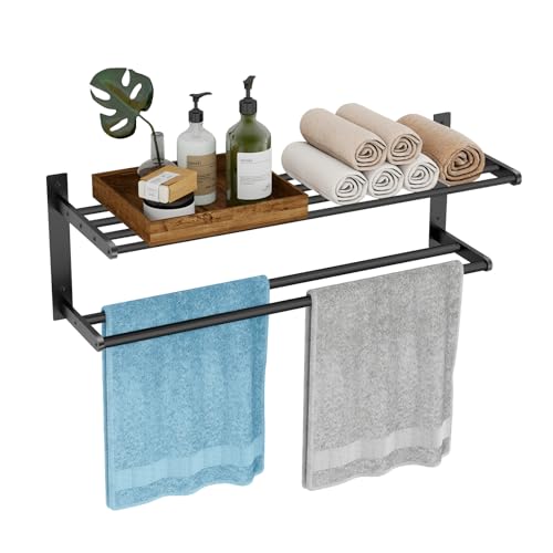 Bathroom Towel Rack 24", 2 Tier Towel Racks for Bathroom Wall Mounted, Bathroom Shelf with Double Towel Bar, Stainless Steel Towel Storage for Bathroom Lavatory Towel Holder Hanger, Black - color: Black, size: 2-Tier