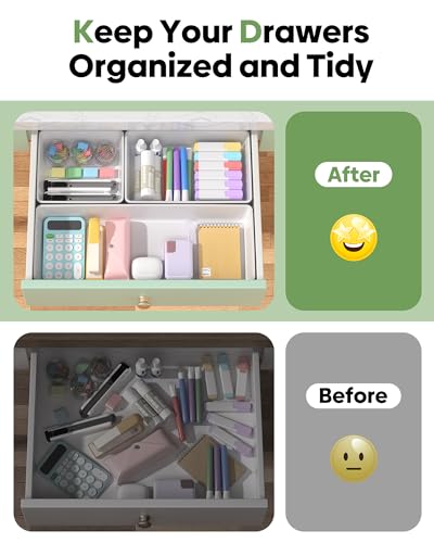 10 Pack Large Size Plastic Drawer Organizers Set, 3 Sizes Desk Drawer Organizer Trays, Storage Bins for Vanity, Makeup, Bathroom, Kitchen Utensils and Office (White) - color: White