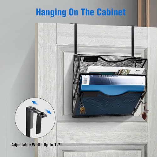 BOHDK Wall File Organizer, 3 Tire Hanging File Folder Mail Organizer, Vertical Mesh Metal Door/Wall Mount Hanging File Holder, Paper Document Magazine Rack with Hooks for Home Office Black