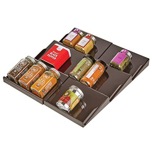 mDesign Expandable Plastic Deluxe Spice Rack, Drawer Organizer for Kitchen Cabinet Drawers, 3 Tier Slanted for Spice Jars, Food Seasoning Bottle Storage, Ligne Collection - Bronze - color: Bronze