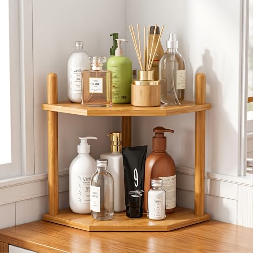 2-Tier Expandable Bamboo Corner Shelf - Dish/Plate Organizer for Cabinet, Kitchen Counter Shelf & Small Kitchen Shelf, Adjustable (6.7" H-Natural, 2-Tier) - color: 6.7"H-Natural-2