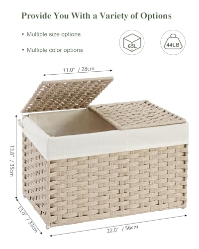 SETVSON Storage Basket with Lid Rattan Woven Storage Baskets with 2 Separate Lids, 17.2 Gallon (65 L) Wicker Storage Bins Foldable 2 Removable Liner Bags Handles for Bedroom, Laundry Room Light Khaki - color: Light Khaki, size: 65L-22L*13W*13.8H
