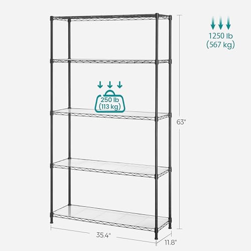 SONGMICS 5-Tier Storage Shelves, Wire Shelving Unit, Kitchen Metal Shelves, Storage Rack with Adjustable Shelves, Shelf Liners, 8 Hooks, for Garage, 11.8 x 35.4 x 63 Inches, Black ULGR095B01 - color: Ink Black, size: 5 Tiers (11.8"D x 35.4"W), style: With