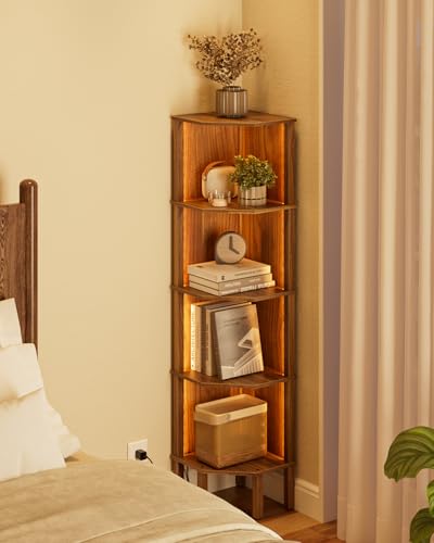 Corner Shelf Stand, 5 Tier Corner Bookshelf,Corner Furniture for Bedroom Display Corner Shelf for Small Space,Wood Shelves with Storage Rack for Living Room,Office,Walnut - color: Walnut