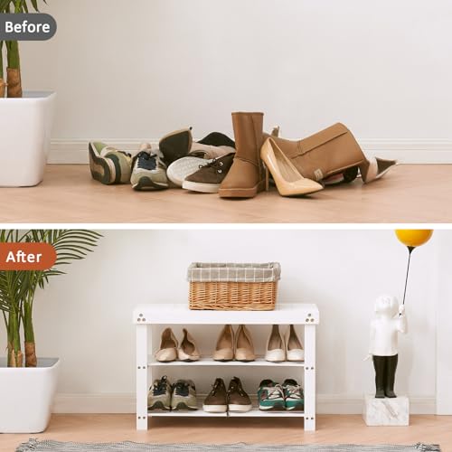 Apicizon Bamboo Shoe Rack for Entryway, 3-Tier Shoe Rack Bench for Front Indoor Entrance, Small Shoe Organizer with Storage, White - color: White, size: 27.6 Inches No Cushion