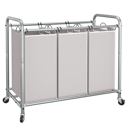 STORAGE MANIAC 3 Section Laundry Sorter, 35.6 Gal (135 L) Laundry Hamper Cart with Heavy Duty Rolling Lockable Wheels and Removable Bags, Clothes Organizer Basket Clothes Separator Hamper, Gray - color: Gray, size: 3 Section
