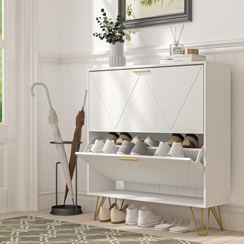 LYNSOM Shoe Cabinet with 2 Flip Drawers, Shoe Cabinet Storage for Entryway, White Shoe Storage Cabinet, Slim Wooden Freestanding Shoe Rack, Shoe Organizer with Fluted Panel for Hallway - color: White, size: 1 Pc