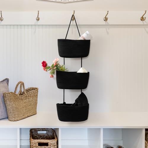 TeoKJ Over the Door Hanging Basket, 3-Tier Woven Cotton Wall-Mounted Storage Organizer Bag Decorative Hanging Nursery Baskets, Black - color: Black
