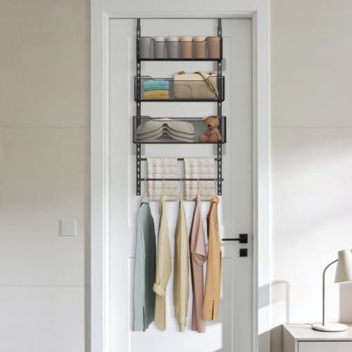 VyGrow Over the Door Storage Organizer with 3 Tier Mesh Baskets 2 Hanging Rods, 2 Mounting Options, Heavy Duty Clothes Hanger & Towel Rack for Bathroom Bedroom Office, Black - color: Black