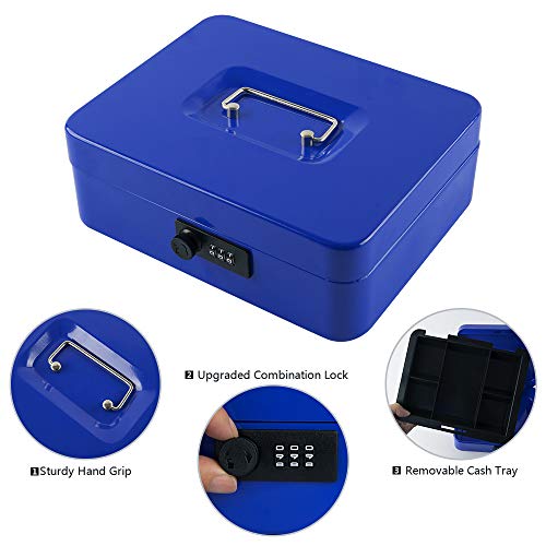 KYODOLED Large Cash Box with Combination Lock,Safe Metal Box for Money, Storage Lock Box with Money Tray,9.84"x 7.87"x 3.54" Blue Large - color: Blue, size: Large