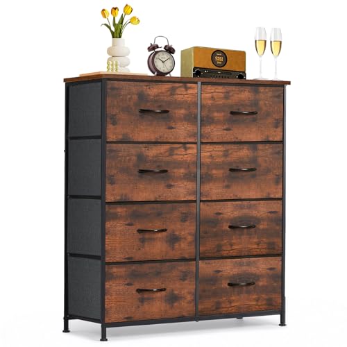 8-Drawer Dresser for Bedroom, Anti-Tip Tall Storage Organizer Chest of Drawers with Wooden Top and Metal Frame Fabric Bins for Closet, Living Room, Hallway, Entryway, Brown - color: Brown, size: 11.8"D x 31.4"W x 36.3"H (8 Drawers)