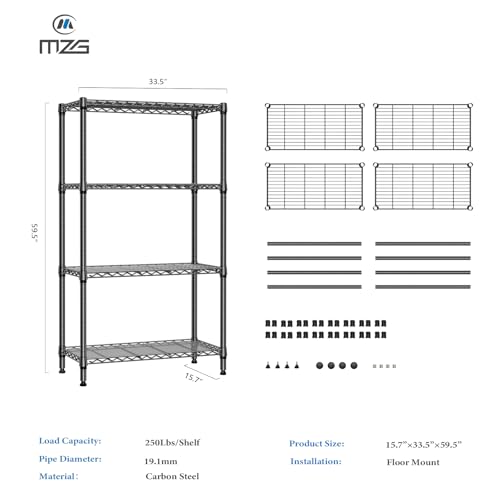 M MZG 1000 lbs 4 Tier Shelf Metal Storage Shelves Shelving Wire Rack Heavy Duty Closet Organizers for Garage Kitchen Bathroom Laundry Black 15.7" D x 33.5" W x 59.5" H - color: Black, size: 4 tier, 15.7" D x 33.5" W x 59.5" H
