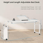 Arlopu Overbed Table with Wheels,60.6-84.2 inches Mobile Bed Desk,Rolling Computer Desk, Laptop Cart,W/0-65°Tilt Stand,4 Heights and 6 Lengths,Side Storage Basket,for Home,Office and Hospital (White) - color: White