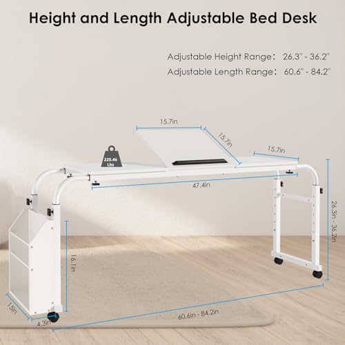 Arlopu Overbed Table with Wheels,60.6-84.2 inches Mobile Bed Desk,Rolling Computer Desk, Laptop Cart,W/0-65°Tilt Stand,4 Heights and 6 Lengths,Side Storage Basket,for Home,Office and Hospital (White) - color: White