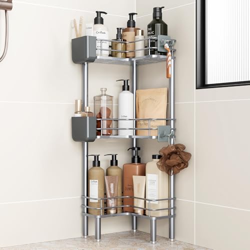 Orimade Rustproof 3 Tier Floor Standing Corner Shower Caddy Organizer with Toothbrush Holder, Large Spacing Floor Shower Shelf Rack Storage Stands with Hooks for Bathroom Kitchen, Silver - color: Sliver, size: 3 Tier
