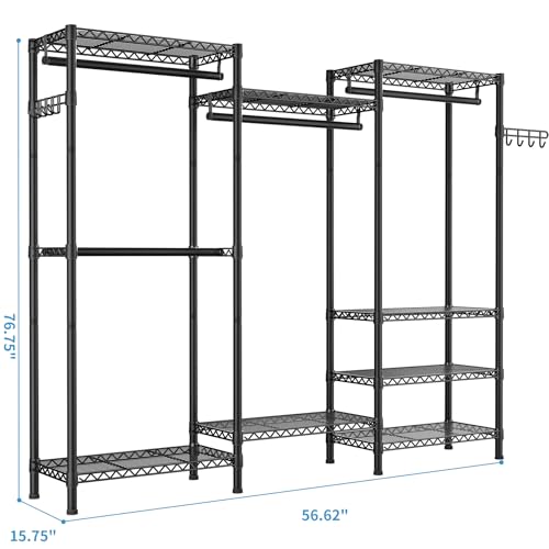 Golpart Heavy Duty Garment Rack Clothes Rack,Large Metal Closet Organizer System Storage Wardrobe,Freestanding Clothing Rack with 8 Adjustable Wire Shelves&4 Hang Rods,MaxLoad 800lbs - color: Black, size: 15.75"D x 56.6"W x 76.8"H