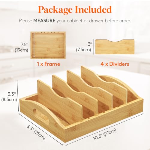 Lifewit Bamboo Lid Organizers for Inside Cabinet, Food Storage Container Lid Holder with 4 adjustable Inserts & 5 Sections, Kitchen Pantry organizer and storage, 10.6" X 8.3" - size: Medium(10.6" x 8.3")