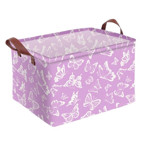 Purple Butterfly Storage Basket Waterproof Canvas Toy Storage Bin Decorative Collapsible Outdoor Basket with Leather Handles Purple Gifts Basket For Closets,Bedrooms,Home,Bathroom - color: Purple Butterfly