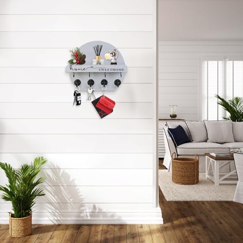 Key Holder for Wall, Key and Mail Holder Organizer - Key Holder Wall Mount with Bouquet Shelf and Key Hooks, Round Wooden Rustic Key Rack for Entryway and Home Decor (Gray) - color: Gray