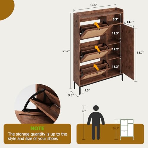 GarveeHome Shoe Cabinet Rattan with 3 Flip Drawers and 4-Tier Shoe Storage Cabinet, Freestanding Shoe Organizer with Adjustable Shelves for Entryway, Closet, Hallway (Tree Pomegranate) - color: Tree Pomegranate, size: 3-Drawers + 1-Door