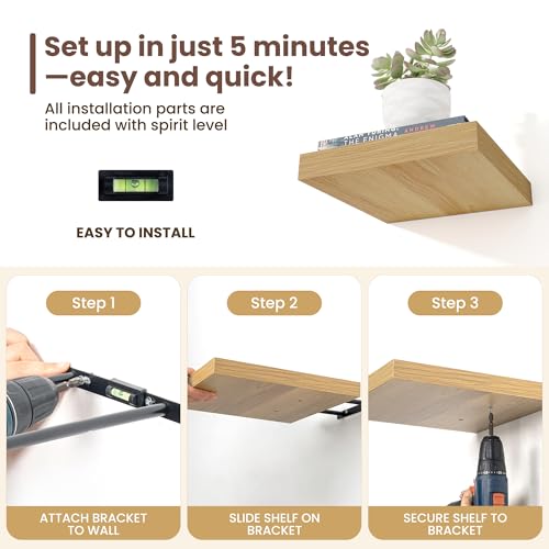 Fun Memories Square Floating Shelves for Wall - 12 Inch Deep Floating Shelves with Invisible Brackets, Oak Small Wall Shelf for Living Room, Bathroom, Bedroom, and Kitchen Decor Set of 4 - color: Oak, size: 12"W x12"D - 4P