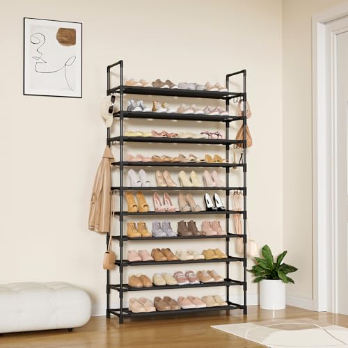 LANTEFUL Tall Shoe Rack 10 Tier Shoe Organizer Large Shoe Shelf with 18 Hooks Storage for 50 Pair, Stackable Vertical Shoe Rack Organizer for Closet, Entryway, Bedroom - color: Black, size: 10 Tier-68" High-34" Wide