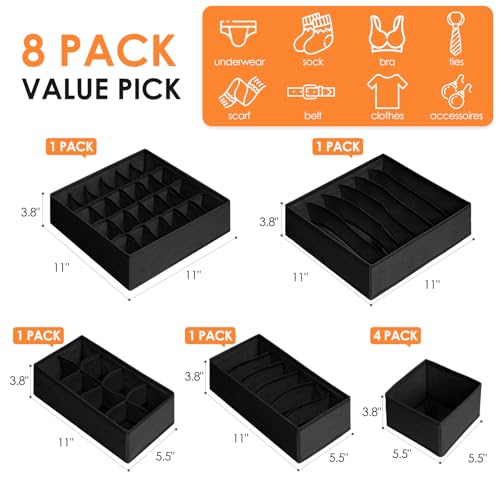 Drawer Organizer Clothes, 8 Pack Dresser Organizer Bins for Baby Clothes, Underwear Sock, Fabric Closet Organization and Storage Dividers for Nursery Bedroom (48 Compartments, Black) - color: Black, size: 8 Pack