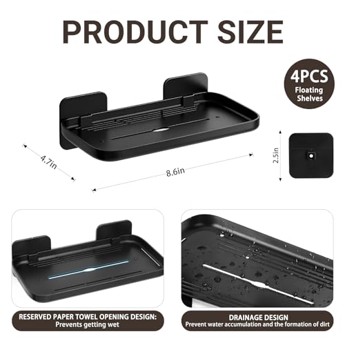 FAYYGYH 2 Pack Adhesive Floating Shelves No Drill Small Floating Shelf for Wall Storage Damage-Free Wall Mounted Organizer for Bathroom, Kitchen, Bedroom & Office (Black-4pcs) - color: Black-4pcs