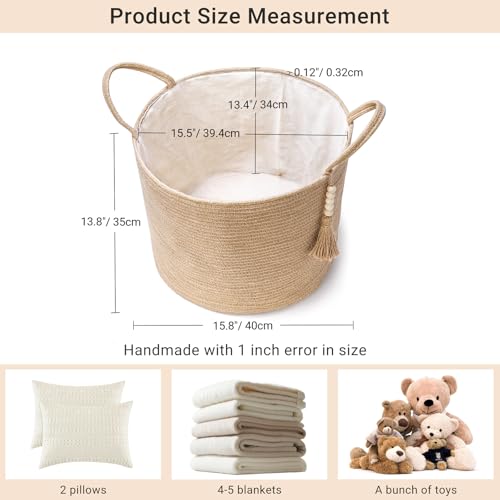 Mkono Woven Storage Basket Decorative Natural Rope Basket Wooden Bead Decoration for Blankets,Toys,Clothes,Shoes,Plant Organizer Bin with Handles Living Room Home Decor, Jute, 16" W × 13.8"L - color: Brown, size: 16" W × 13.8"L