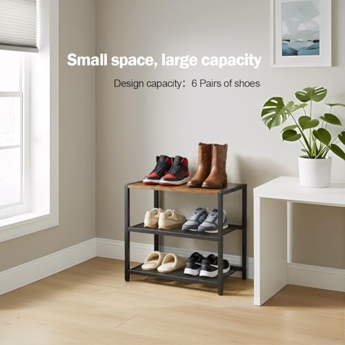 3-Tier Wooden Shoe Rack with Metal Mesh Shelves - for Entryway, Closet, Hallway & Bedroom Holds 6 Pairs, Ideal for Storage or Display - size: 17"D x 10.24"W x 15.75"H