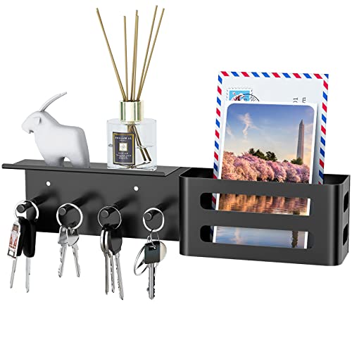 MKO Key Holder for Wall, Mail Organizer Key Rack with Tray, Key Holder Adhesive Wall Mount, 4 Hooks(Black) - color: Black with Shelf