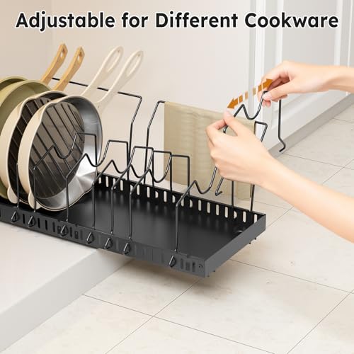 DTUQYX 2 Pack Pots and Pans Organizer - Expandable Pull Out Pot and Pan Organizer with 20 Adjustable Dividers for Kitchen,Smooth Sliding Inside Cabinet for Pot Lid,Cookware,Tableware - color: Greyish black