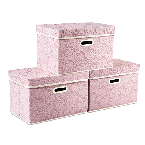 PRANDOM Collapsible Storage Boxes with Lids Fabric Decorative Storage Bins Cubes Organizer Containers Baskets with Cover Handles Divider for Bedroom Closet Living Room 14.9x9.8x9.8 Inch 3 Pack - color: Pink, size: Medium(3-Pack)