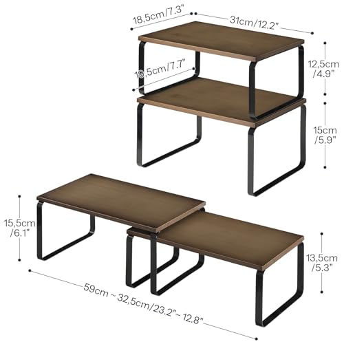 HOOBRO Cabinet Organizer Shelf, Set of 4 Kitchen Counter Shelves, Expandable Kitchen Storage, Stackable Bamboo Spice Rack, for Kitchen, Countertop, Office Desk, Bathroom, Mocha and Black CB30TLP201 - color: Mocha, Black