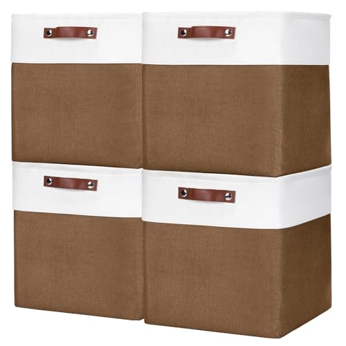 Bagnizer 13x13 Cube Storage Bins, Collapsible Fabric Storage Box, 4 Pack Closet Baskets with Handles for Organizing, Shelf, Toys, Clothes, Home, Office, Nursery (Brown&White) - color: Brown / Off-White, size: Cube - 13"x13"x13"