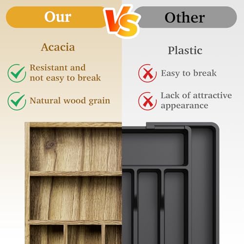 Kiasthome Acacia Wood Silverware Drawer Organizer, Kitchen Utensil Cutlery Drawer Organizer with Grooved Dividers, Flatware Organizer Silverware Tray Holder for Spoon, Fork, 13''x16.9'' (7 Slots) - size: 7 Slots