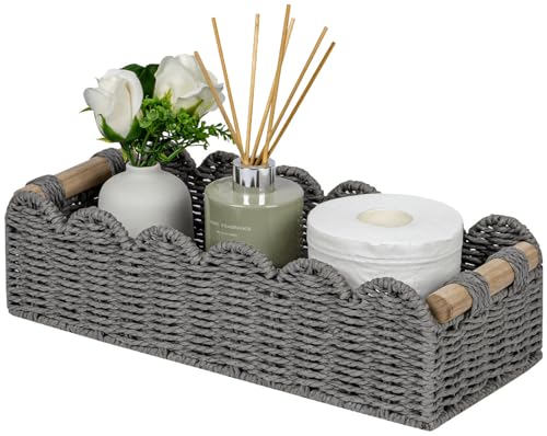 CubesLand Scalloped Edge Toilet Paper Storage Basket, Living Room Home Cozy Decor Basket, Paper Rope Small Baskets for Over Toilet Storage Shelf, End Table, Shelves, with 2 Wooden Handles, Grey - color: Grey, size: M - 14"L x 6.3"W x 3.9"H