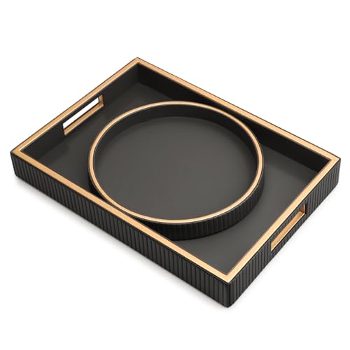 SANZIE Leather Tray Desktop Storage Organizer Premium Serving Tray Decorative Trays Valet Trays for Sundries Cosmetics Phone Wallet Cutlery (Black Holder with Disc) - color: Black Holder With Disc