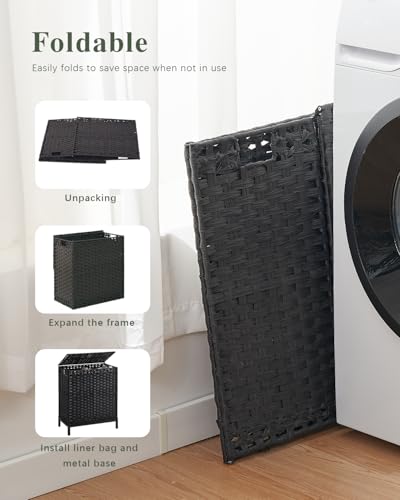 SETVSON Laundry Hamper with Lid, 112 L Handwoven Rattan Wicker Laundry Basket, 2 Removable Liner Bags Metal Heightened Feet, 6 Mesh Bags, 2 Section Large Clothes Hamper for Bathroom Bedroom, Black - color: Black, size: 112 L - 29.6 gal