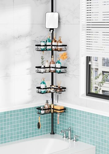 KEGII Shower Caddy Tension Pole - Adjustable Rustproof Corner Bathroom Organizer with Fogless Shower Mirror, 25–114.2 Inch No-Drill Bathroom Storage, Black - style: Tension Caddy with Mirror - Black