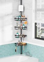 KEGII Shower Caddy Tension Pole - Adjustable Rustproof Corner Bathroom Organizer with Fogless Shower Mirror, 25–114.2 Inch No-Drill Bathroom Storage, Black - style: Tension Caddy with Mirror - Black