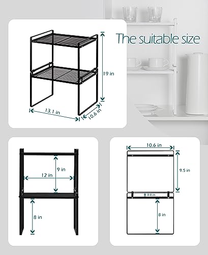 Shantton 2Pack Kitchen Cabinet Shelf Counter Organizer Rack Pantry Storage Bathroom Bedroom Office Table Desk Space Saving Stackable Rust Resistant Non Slip Black Tall Wide L13.1in W10.6in H9.5in - color: Black, size: L13.1'' W10.6'' H9.5''
