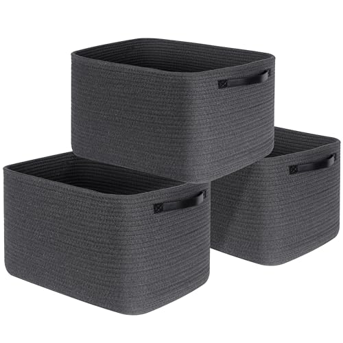 MINTWOOD Design 3-Pack Decorative Woven Storage Baskets for Shelves, Cube Bin Box for Organizing Books, Shoes, Dog Toys, Pantry Closet and Living Room Organizer, Charcoal / Black - color: Charcoal Gray / Black