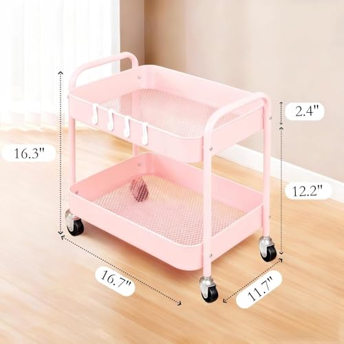 Pink 2 Tier Rolling Cart Metal with Wheels Under Desk Storage Cart for Small Space Organization, Small Trolley for Pantry Room Laundry Bathroom Kitchen Office Art Snack Baby Supplies - color: Pink
