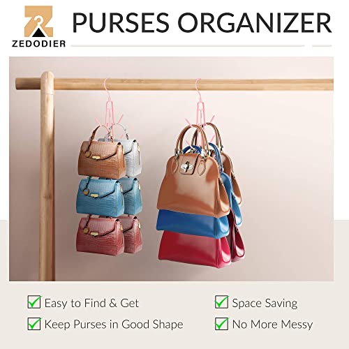 ZEDODIER Purse Organizer for Closet, Heavy-Duty Hanging Purse Hanger Closet Holds Up to 6 Purses, Metal Rotating Space Saving Bag Holder Handbag Storage Hook Backpack Rack, Pink - color: Pink, size: 1 Pack
