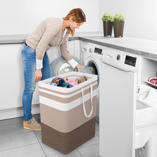 StorageRight Large Collapsible Laundry Basket Hamper with Easy Carry Handles，Freestanding Clothes Hampers for Laundry, Bedroom, Dorm, Towels, Toys, 100L, Khaki - color: Khaki, size: 100L