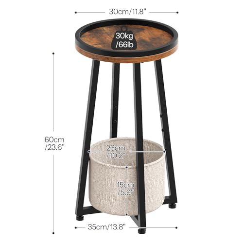 HOOBRO Small Round Side Table, 2-Tier Round Sofa End Table, Compact Nightstand with Cotton Linen Storage Basket, for Small Space, Living Room, Bedroom, Dorm, Rustic Brown BF183BZ01 - color: Rustic Brown